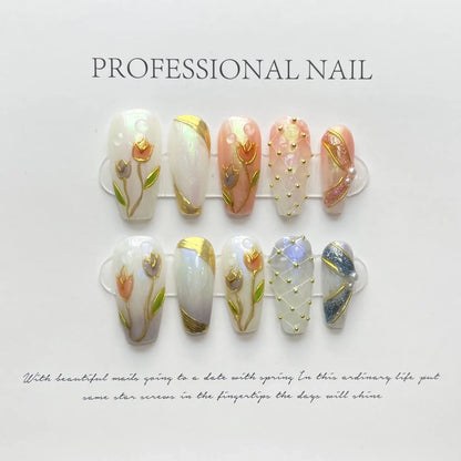 10pcs detachable almond handmade false nails ballet wearable Maillard style artificial nail with glue fall winter press on nails