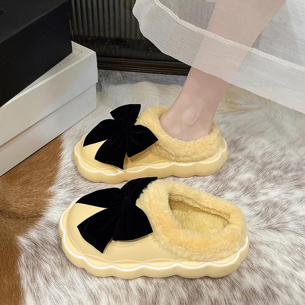 Med Fur Shoes Slippers Casual Slides Cover Toe Platform Slipers Women Butterfly-Knot Plush Luxury Flat 2022 Rome PU Fabric Fashi