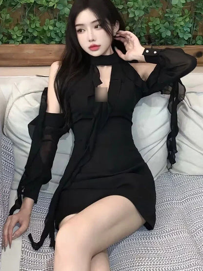 binfenxie Black Dresses Women Sexy Hollow Out Female Casual Temperament New Spring Off Shoulder Korean Style Solid Hotsweet Empire Fashion