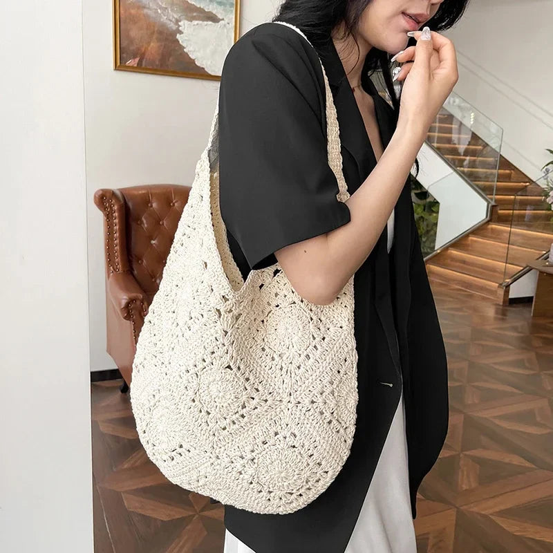 binfenxie Straw Woven Hollow Out Shoulder Bags Large Capacity Casual Versatile Unique Design Handbags for Women Fashion New Tote