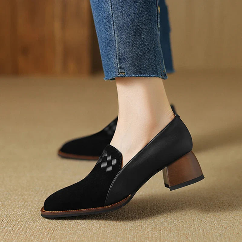 Futurecen NEW Spring/Autumn Women Loafers Sheep Suede Leather Shoes for Women Square Toe Chunky Heel Black Shoes Concise Weave Women Pumps