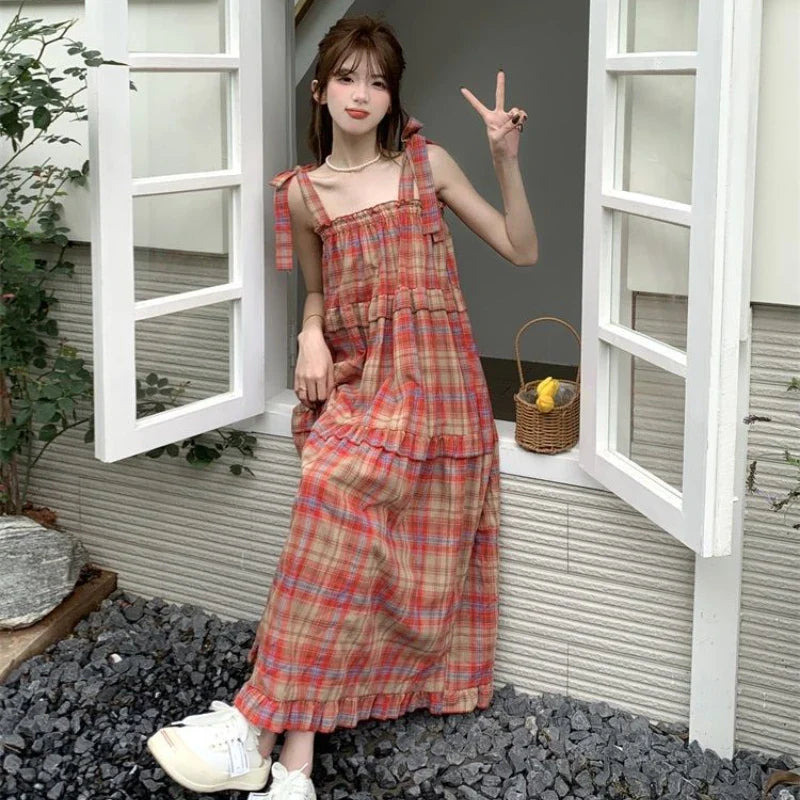 Vintage Plaid Dresses Women Ruffles Sweet French Style Bandage Loose Casual Girlish Summer New Ins Aesthetic Temperament Ulzzang