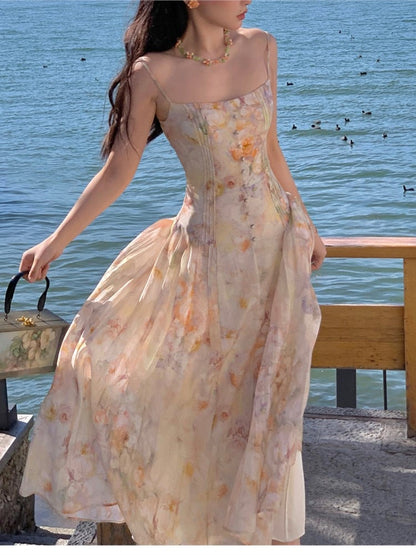 Summer Floral Chiffon Long Women Dress Elegant Vintage Holiday Princess Vestidos New Spaghetti Strap Slim Beach Clothes Robe