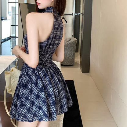 binfenxie Women Summer Plaid Sleeveless Mini Shirt Dress