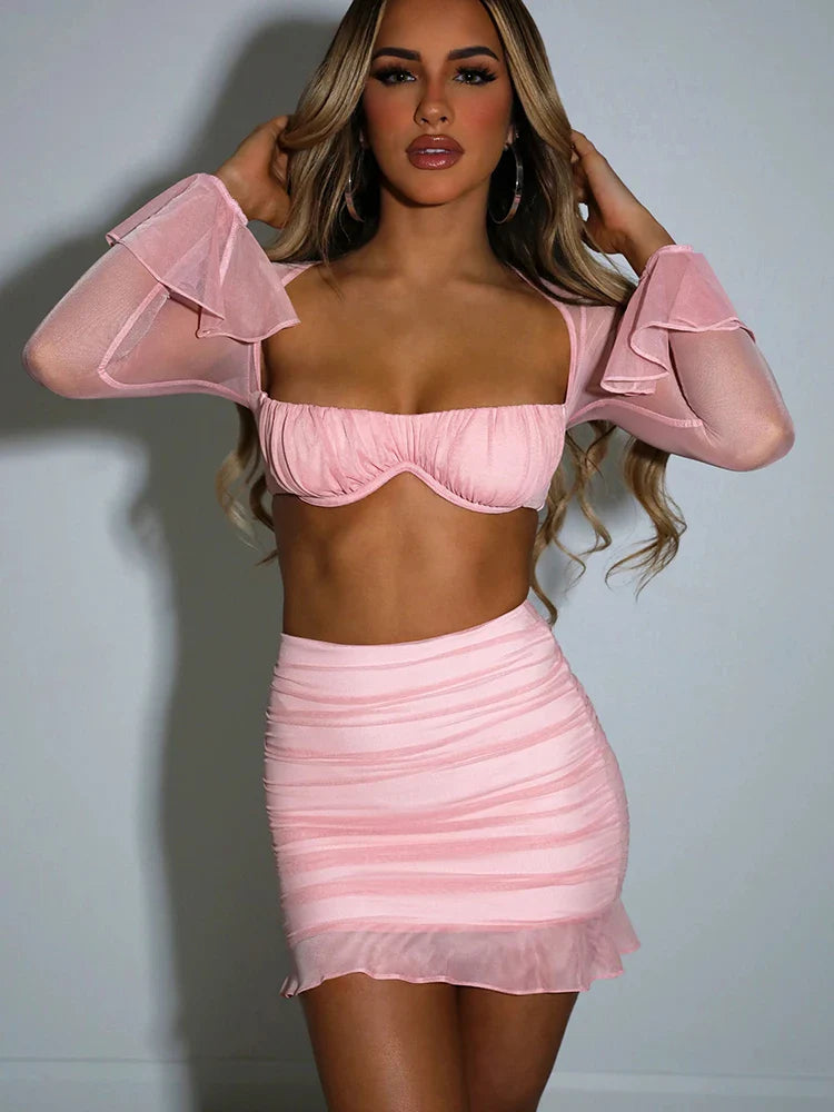 Mesh Sexy Dress Set Women Strapless Full Sleeve Crop Top And Mini Skirt Matching Sets Female Club Party Two Piece Set