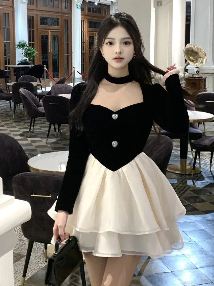 binfenxie DRESS TO IMPRESS Y2K Mini Princess Dress Women Velvet Patchwork Layered Ruffles A-Line Autumn Spring Elegant Vintage Evening Party Vestidos Mujer