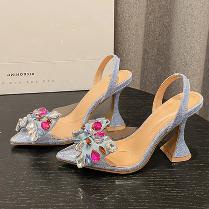 Futurecen Fashion Denim Bowknot Crystal Pumps Sexy Pointed Toe High Heel Women Sandals Prom Party Spring Shoes