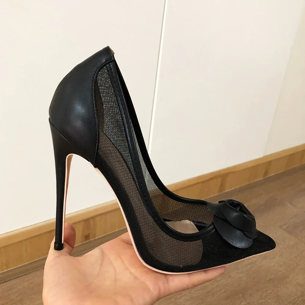 Futurecen Black Matte Flower Women Gauze Mesh Pointed Toe Stiletto Pumps Elegant Ladies Designer Slip On High Heel Shoes Customize