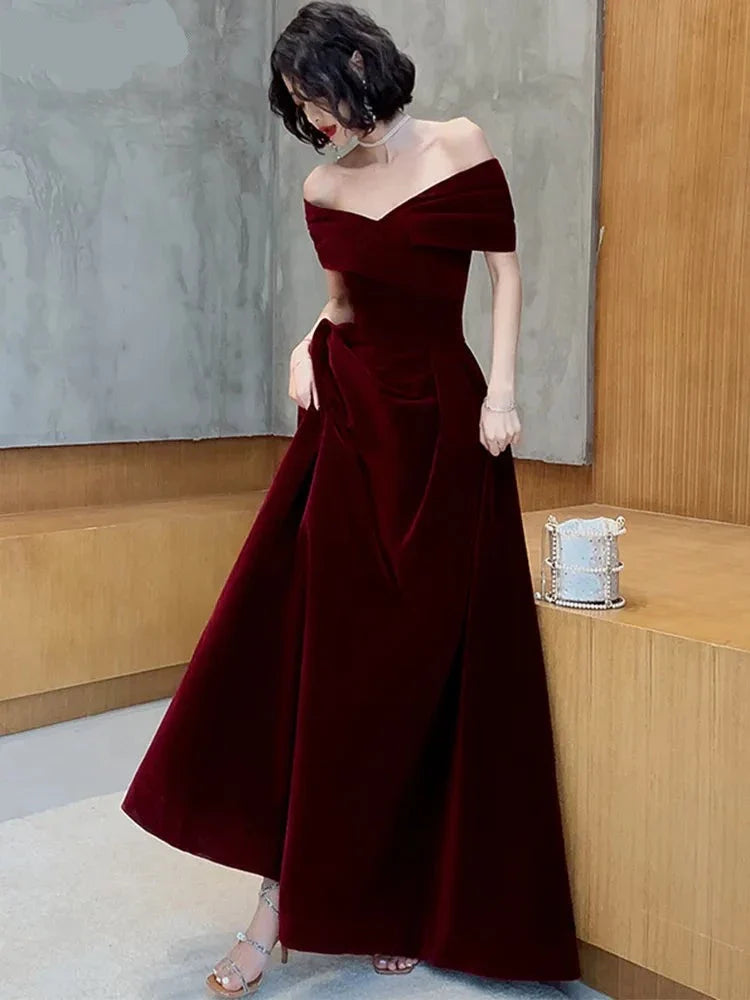 Lautaro Spring Long Luxury Elegant Wine Red Soft Velvet Evening Party Wedding Dresses for Women  Off Shoulder Maxi Dress