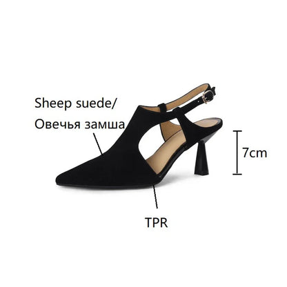 binfenxie Summer Women Shoes Pointed Toe Thin Heel Sandals Solid High Heels Elegant Sheep Suede Leather Shoes for Women Party Shoes