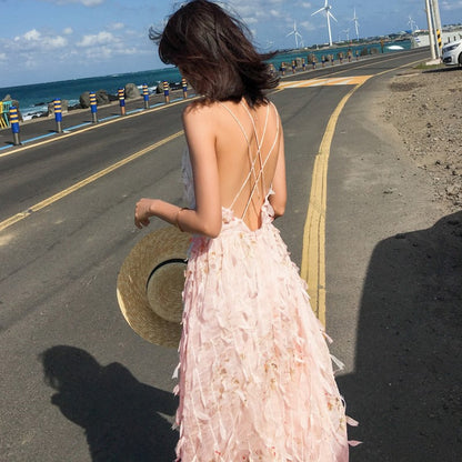 Women Pink Sundress Summer Tropical Vacation Sleeveless Backless Long Party Fairy Dress Casual Beach Straps Dress Runway