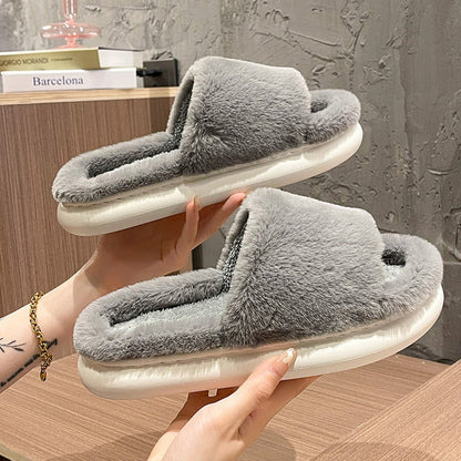 Fluffy Fur Home Slippers Women Winter  Non-slip Indoor Floor Shoes Thick Bottom Home Cotton Furry Slippers Flip Flops