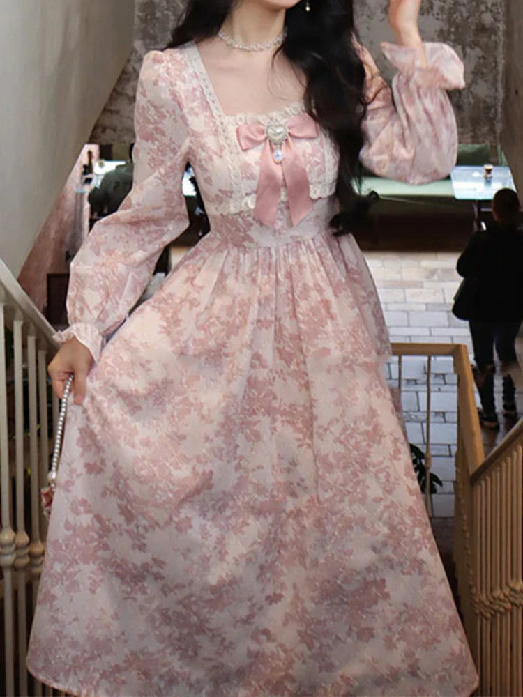 binfenxie Sweet Pink Princess Dress Women Vintage Floral Print Puff Sleeve Dress Female French Style Elegant Kawaii Lace Bow Long Dresses