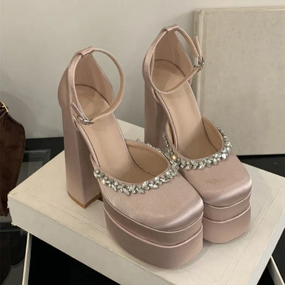 binfenxie  -   Runway style Luxury Rhinestones Satin Double Platform Women Pumps Spring Autumn 14cm Ultra High heels Female Party Prom Shoes