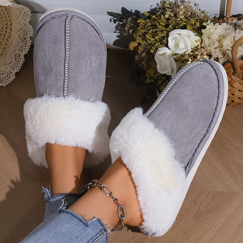 Winter Fur Slippers Women Faux Suede Fluffy Furry Home Slides Woman Comfort Non Slip Indoor Floor Cotton Shoes 45