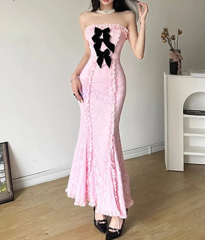 Winter Bachelor Party Formal Pink Sweet Tight Sexy Mature Beautiful Confident Women'S Long Pleated Chest Wrap Dress