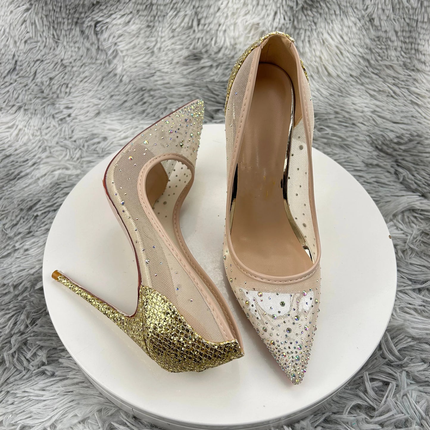 Futurecen Bling Gold Sequins Women Summer Gauze Rhinestones Pointed Toe Stiletto Pumps for Wedding Elegant Bridal High Heel Shoes