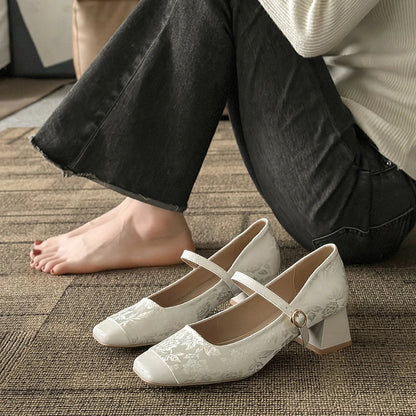 Futurecen Square Toe Women Mary Jane Shoes Fashion Elegant Shallow Buckle Thick Heel Shoes Ladies Casual Outdoor Dress Pumps