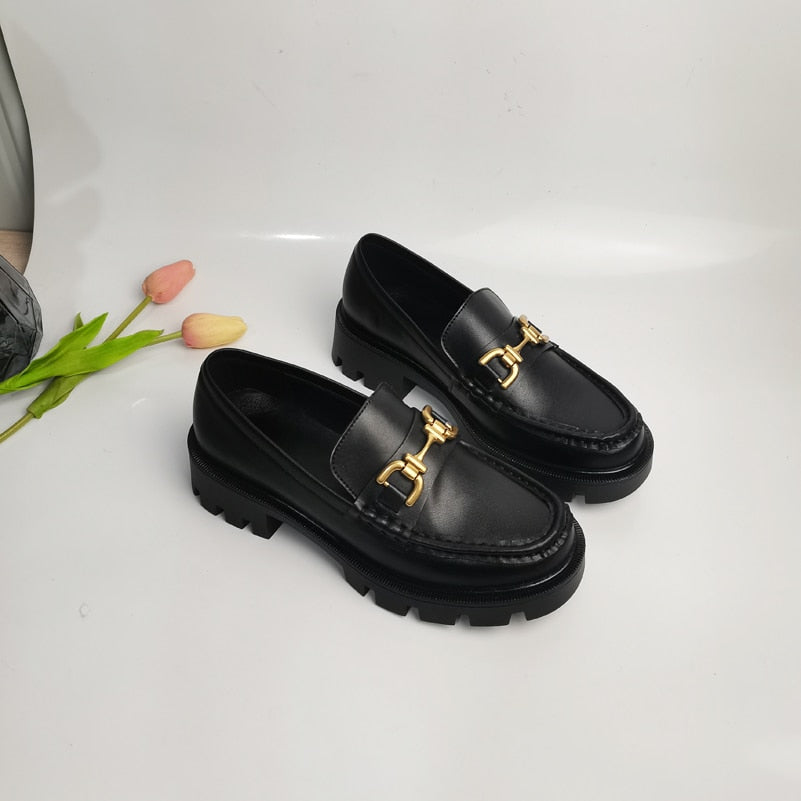 Women Genuine Leather Loafers Round Toe Flats Metal Decoration Ladies Fashion Casual Shoes Spring Autumn Black Beige 41