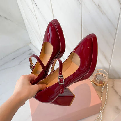 binfenxie  -   Real Leather Mary Jane Burgundy Pumps Women Block High Heeled Buckle Shoes Platform Heels Ladies Party Bridal