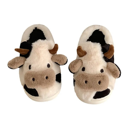 Women's Cartoon Cute Cow House Slippers Warm Plus Lined Closed Toe Fuzzy Home Slides Women's Fluffy Comfy Shoes Winter Autumn