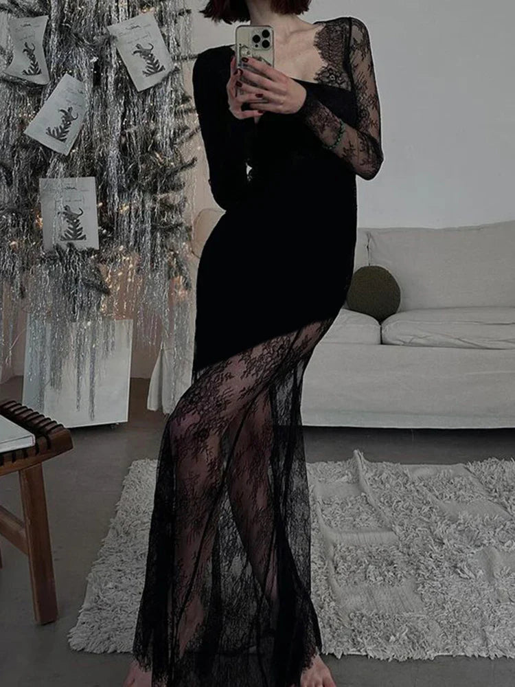 binfenxie Sexy Slim Patchwork Lace Dress Elegant Fashion V-Neck Long Sleeve Maxi Dresses For Women Summer Spring Streetwear