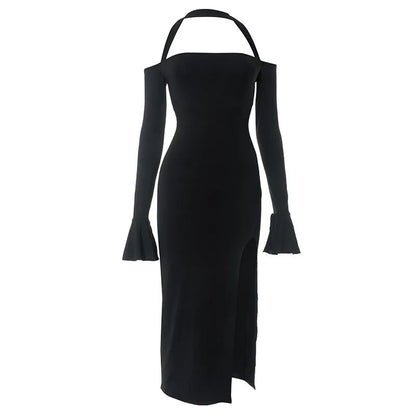 binfenxie Sexy Black Split Dress Women Autumn Solid Long Sleeves Halter Backless Slim Dress Club Off Shoulder Elegant Party Dresses Female