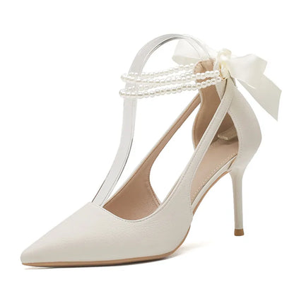 Elegant Ladies White Pearls Ankle Strap Pumps for Wedding Women Silk Back Bowtie High Stiletto Heeled Shoes Woman Spring