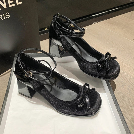 high-heeled shoes Cross tie bow shoes women's small leather shoes spring and autumn new women's single shoes