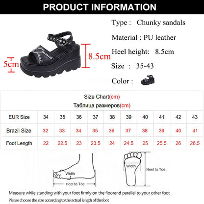 Black Gothic Wedge Sandals Women Summer Y2K Style Chunky Platform Sandals Women Punk Buckle Thick Bottom Lolita Shoes Plus Size