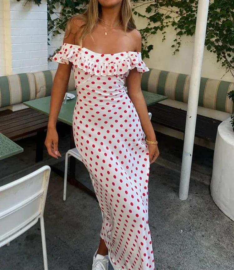 Polka Dot White Dress RUFFLES U-Neck Maxi Dress Female Sexy Sheer Lace-up Long Dress Spring Summer New Partywear