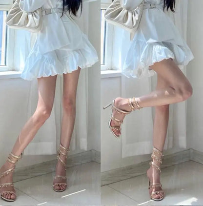 Rhinestone Snake Shape Ankle Strappy Sandals Fashion Sexy Women Party High Heel Open Toe Fringes Stiletto Heel Hollow Shoes