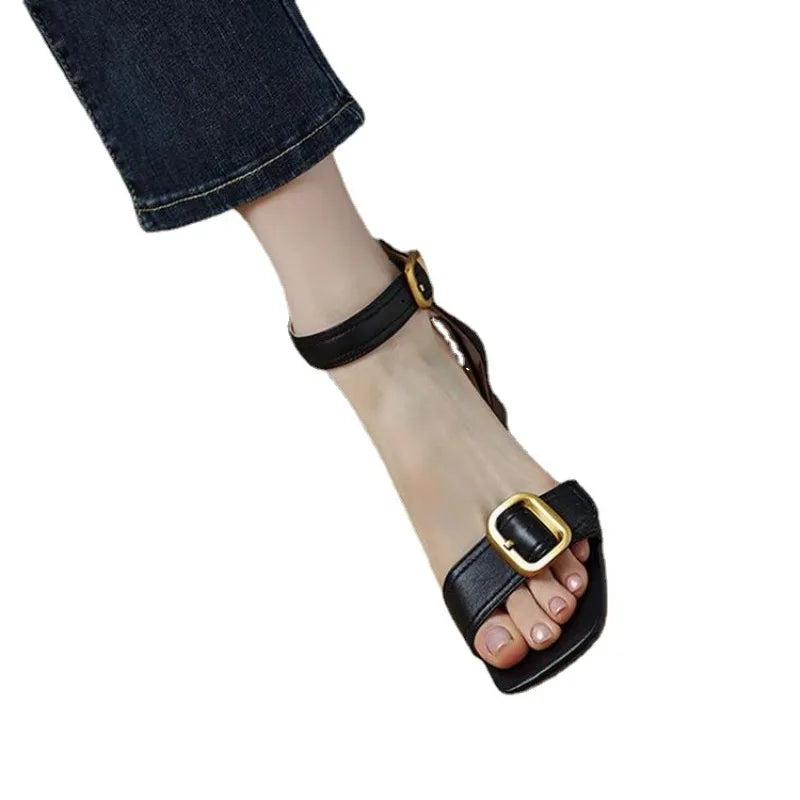 Futurecen  -  Ankle Strap VINTAGE Sandals for Women Open Toe High Heels Sandalias De Mujer Belt Buckle Square Heeled Women Pumps