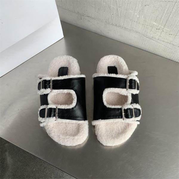 Low Shoes Ladies' Slippers Luxury Slides Fur Flip Flops Women Thongs Pantofle Designer Plush Hawaiian 2022 Soft Round Toe PU Fab