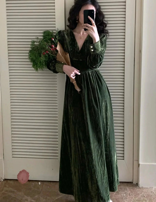 Women Vintage V Neck Velvet Dresses French Style Elegant Slim Waist Party Prom Robe Autumn Winter Long Sleeve One Piece Vestidos