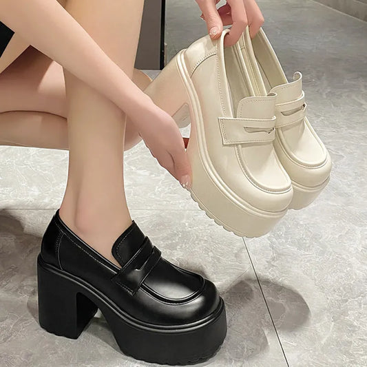 Black White Chunky Platform Loafers Women Autumn Thick High Heel Pumps Woman Slip On Pu Leather Goth Shoes Female