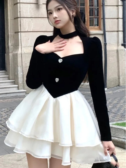 binfenxie DRESS TO IMPRESS Y2K Mini Princess Dress Women Velvet Patchwork Layered Ruffles A-Line Autumn Spring Elegant Vintage Evening Party Vestidos Mujer