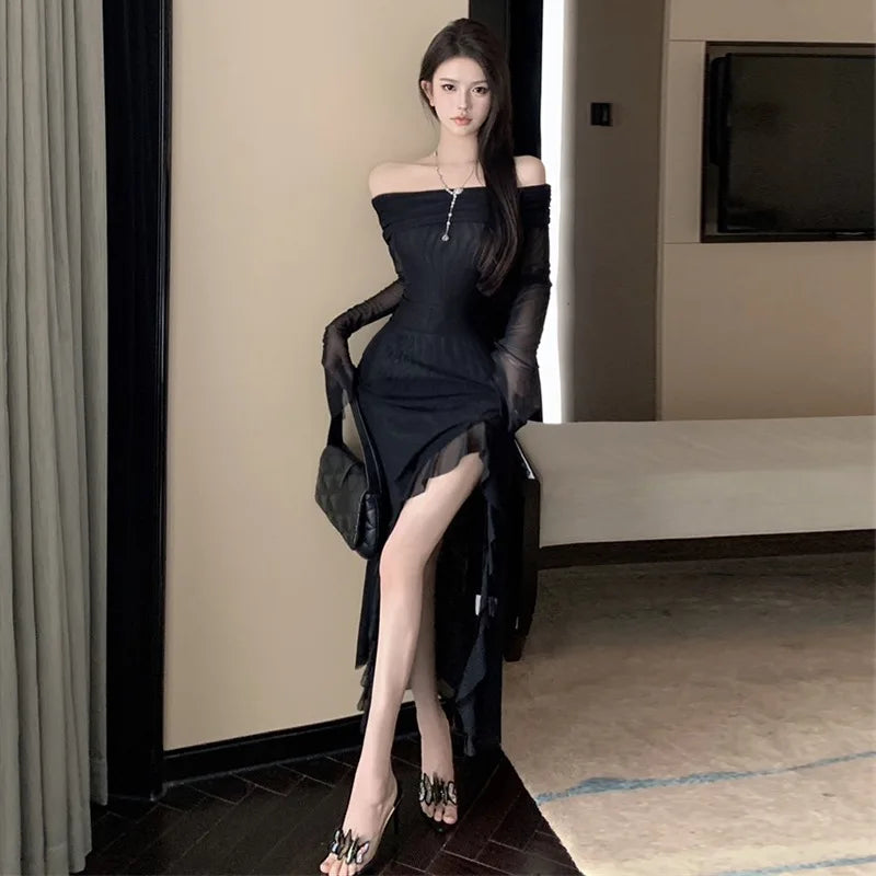 Women Black Sexy Long Dress Off Shoulder Elegant Irregular Ruffles Split Evening Party Dresses Bodycon Gothic Lace Dress