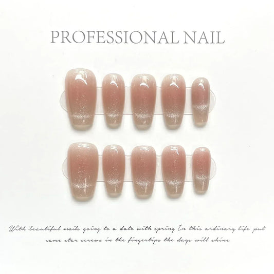 10Pcs Cat Eye Handmade Press On Nails with Gradient Design False Nails Full Cover French Ballerina Wearable Artificial Nail Tips