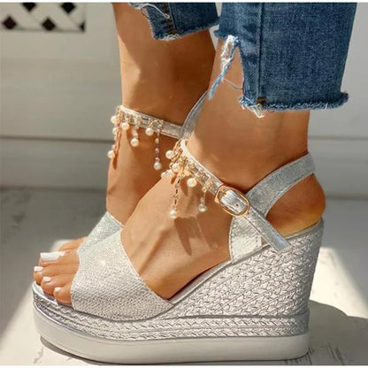 New Women Wedge Sandals Summer Bead Studded Detail Platform Sandals Buckle Strap Peep Toe Thick Bottom Casual Shoes Ladies