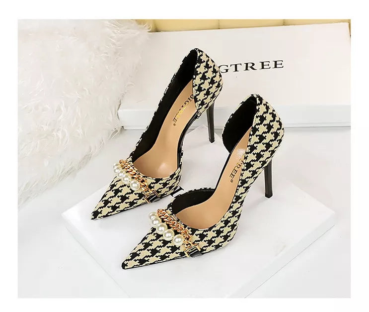 Shoes  Spring Women Pumps Pearl Metal Chain High-heels Checked Grain Stilettos Women Heels Luxury Banquet Shoes 43