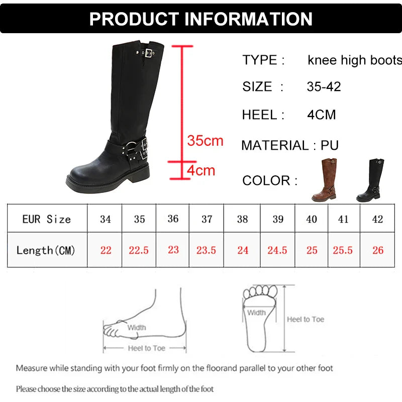 Fashion Belt Buckle Gothic Boots for Women Brown Thick Heels Knee High Combat Boots Woman Plus Size 42 Punk Long Botas Female