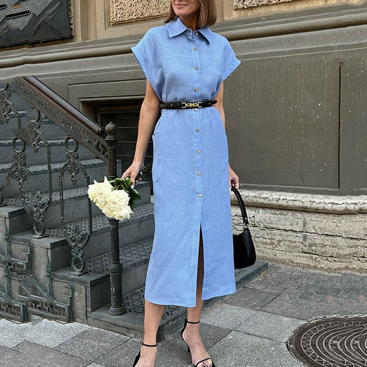 binfenxie Solid Summer Women Long Dress  Fashion Short Sleeve Lapel Single Breasted Dress Ladies Casual Commuter Slim Pocket Dress