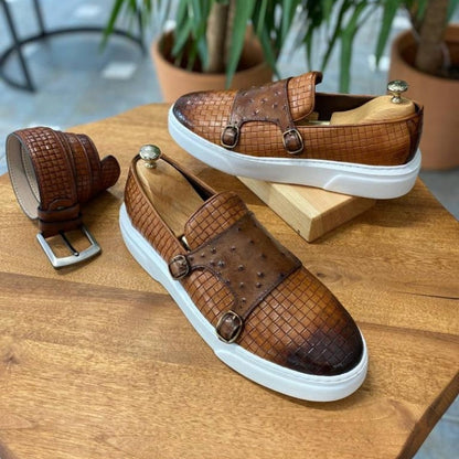 New Brown Men's Vulcanize Shoes Double Buckle Monk Shoes Black  Slip-On Lazy Shoes Handmade  Free Shipping Men Casual Shoes