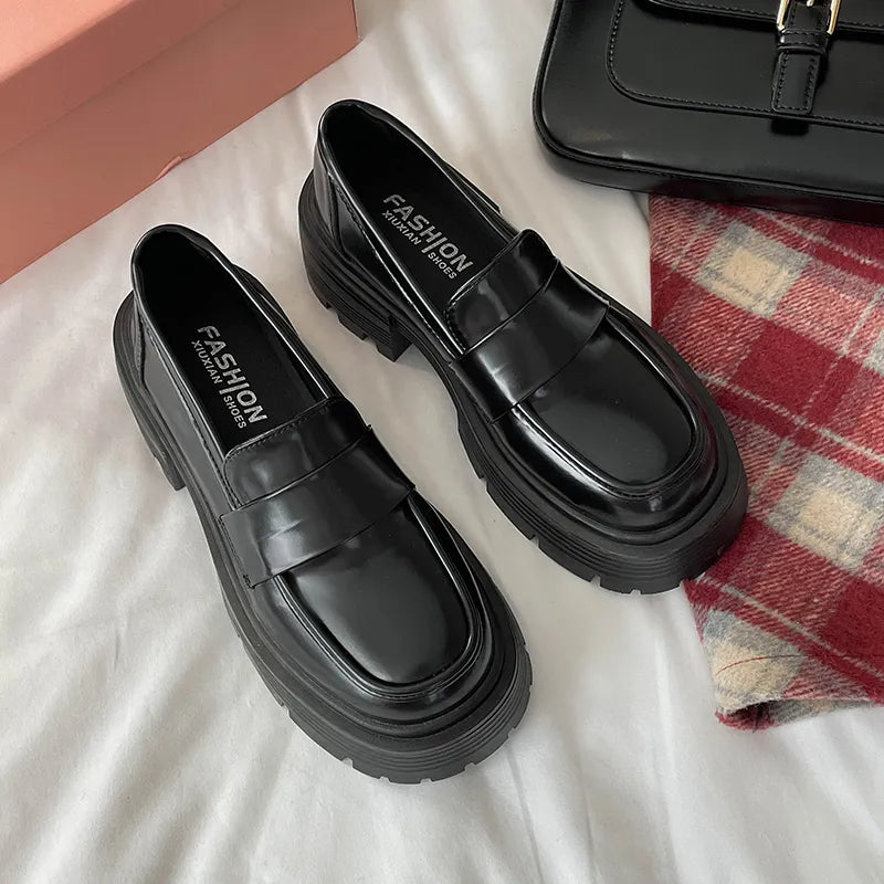 Chunky Loafers Shoes Spring Women Japanese Style Slip On Black Single Pumps Shoes Women Fashion Girls Thick Sole Heel