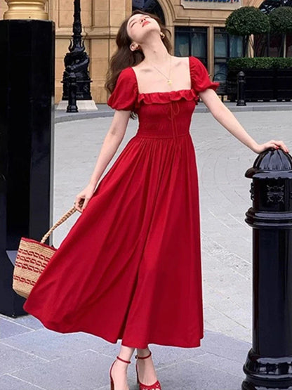 Summer New Women Elegant Midi  Chic Drawstring Dresses Holiday Prom Beach Robe Vestidos  Clothes