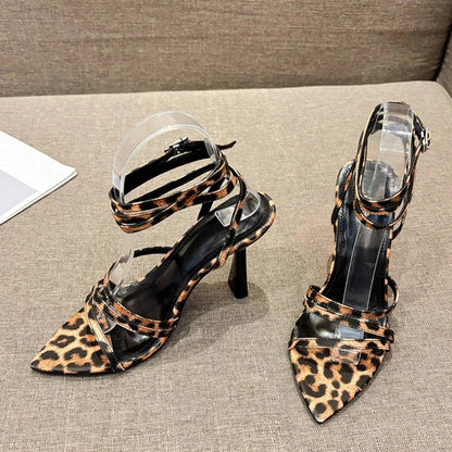 binfenxie  -   2024 New Sexy Leopard Print Sandals Women Summer Pointed Open Toe Buckle Strap Gladiator High Heels Party Dress Shoes