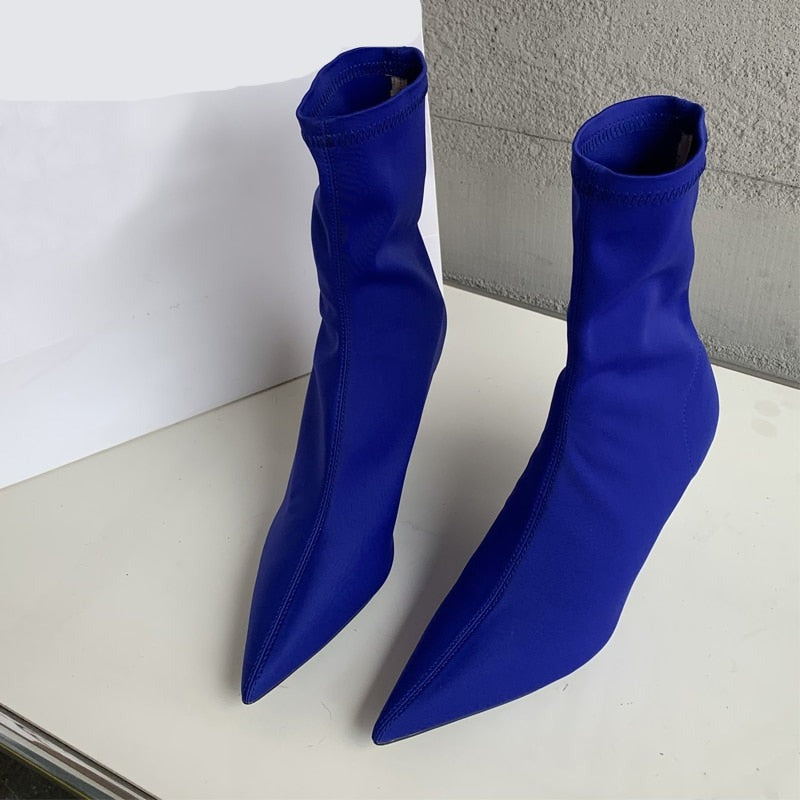 Spring Autumn Stretch Fabric Women Ankle Boots Sexy Pointed Toe High Heels Fashion Female Socks Pumps Shoes