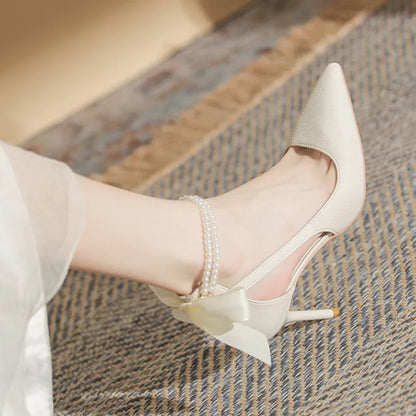 Elegant Ladies White Pearls Ankle Strap Pumps for Wedding Women Silk Back Bowtie High Stiletto Heeled Shoes Woman Spring