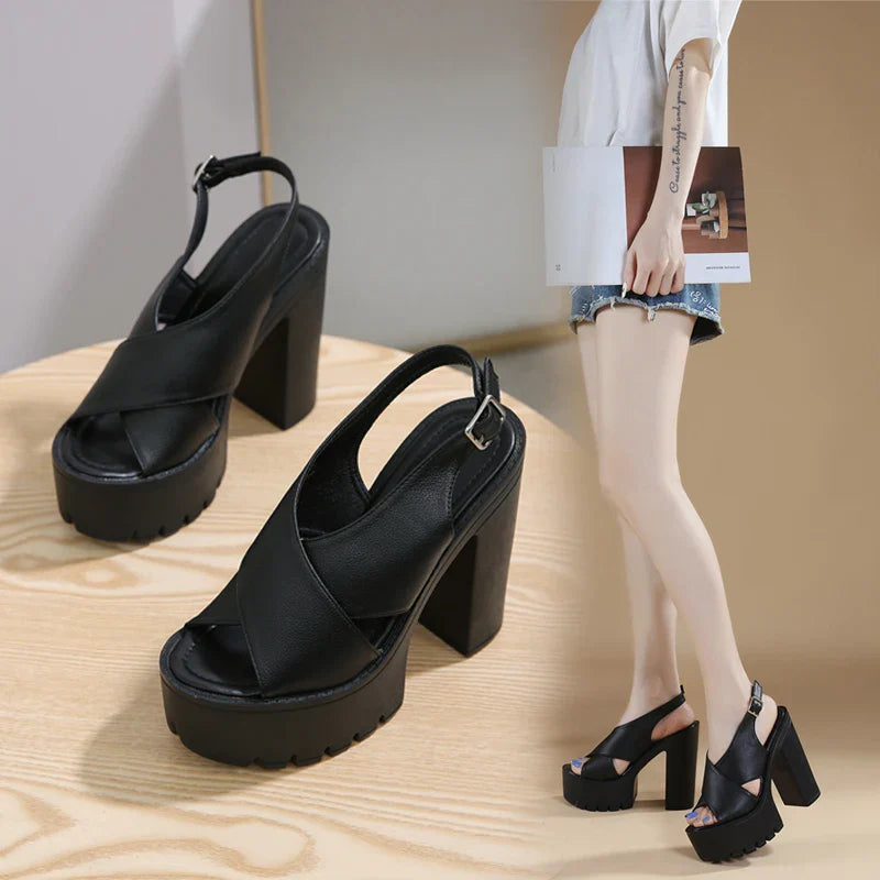 Futurecen  -  Summer Open Toe Cross Strap PU Leather Sandals Slingback Block Thick Heel Platform Casual Shoes Back Strap Pumps